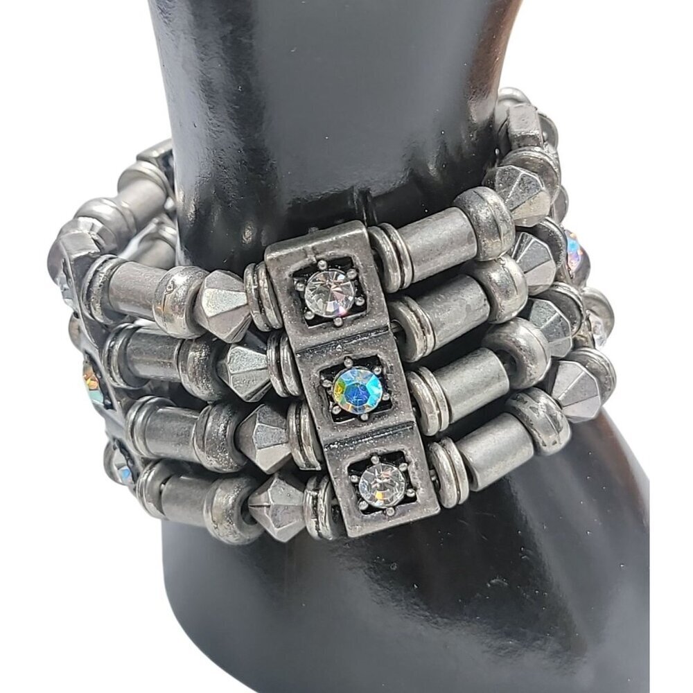 Chunky Steampunk Cuff Stretch Bracelet Silver Plated Beads Rhinestones 7"